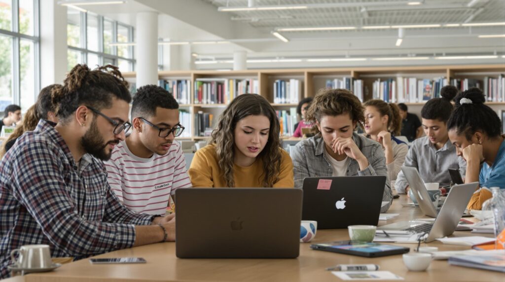 Groupe d'étudiants travaillant ensemble sur des ordinateurs portables dans une bibliothèque.