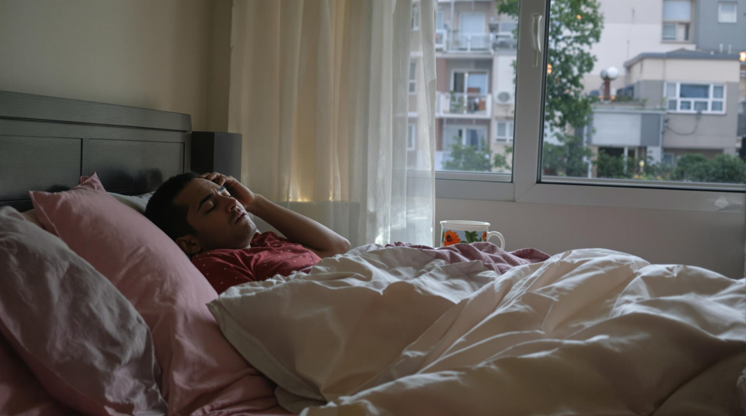 Man in bed with a headache.
