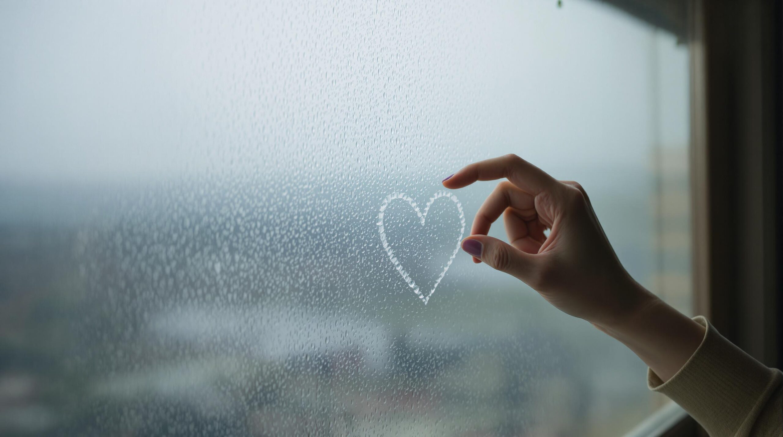 Heart drawn on a rainy window.